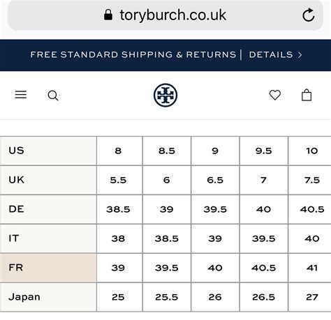 tory burch shoe size chart.